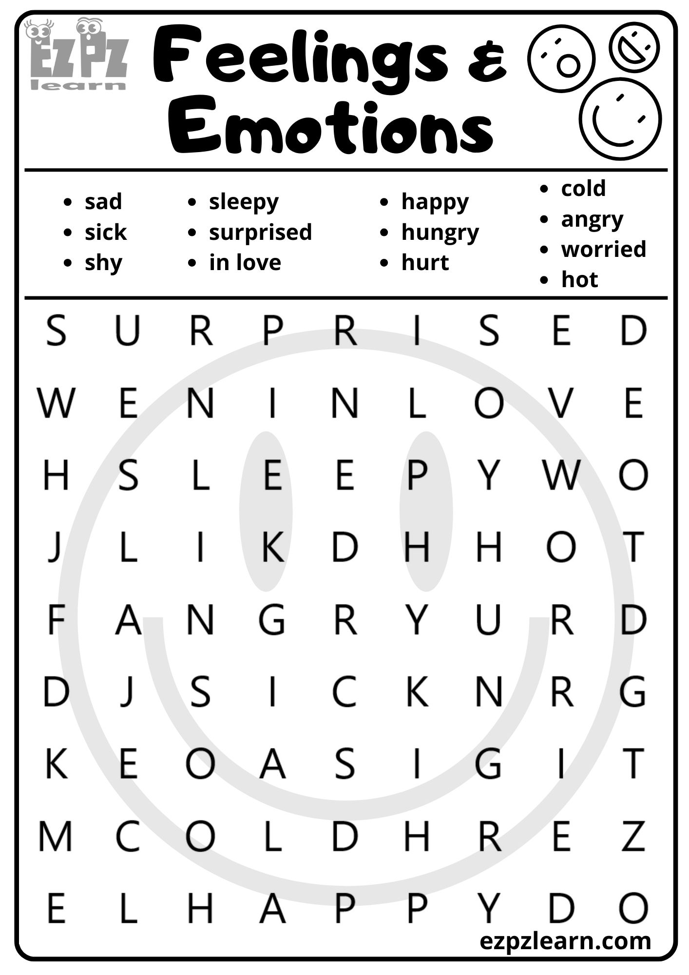 Feelings And Emotions Vocabulary Word Search For Kids Free Printable PDF Download 13 Words